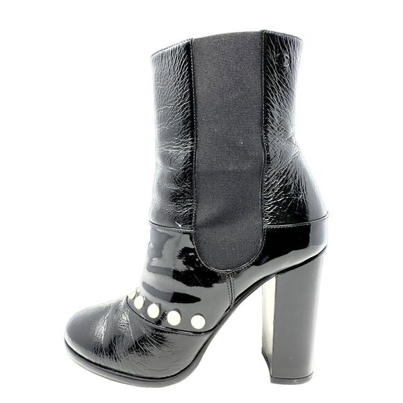 Chanel Boots CC LOGO Pearl Black Leather Mid Calf Chelsea Platform Heel Shoes 39 - Picture 5 of 11